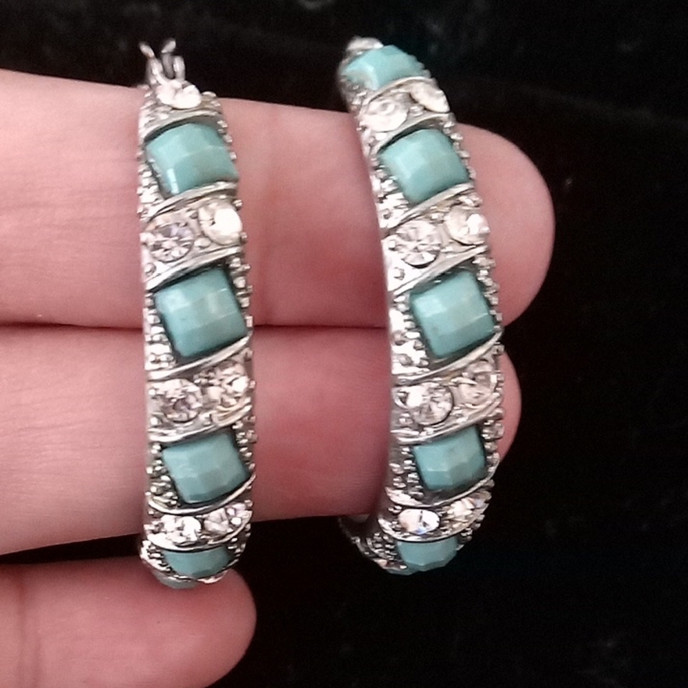 Turquoise Stone and Crystal Hoop Earrings - Women Jewelry
